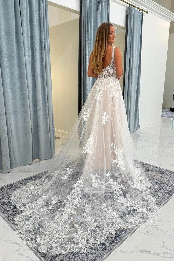 Ivory Tulle A-Line Wedding Dress V-Neck Spaghetti Straps Sheer Illusion 3D Floral Lace Applique Bodice Scattered Lace Trim Open Back Cathedral Train Bridal Gown