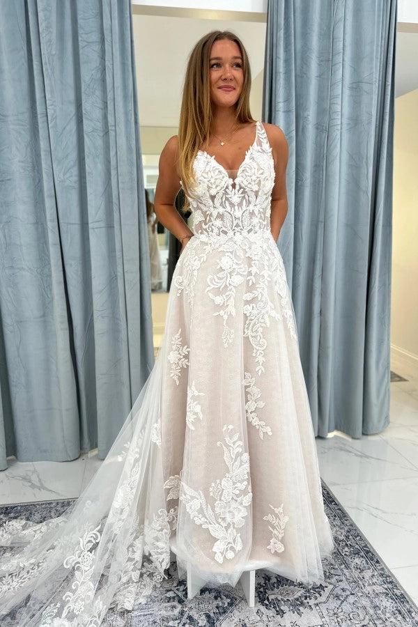 Ivory Tulle A-Line Wedding Dress V-Neck Spaghetti Straps Sheer Illusion 3D Floral Lace Applique Bodice Scattered Lace Trim Open Back Cathedral Train Bridal Gown