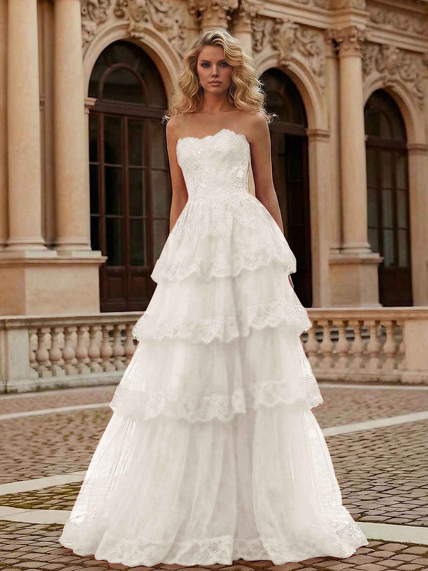 Red Tiered Tulle Strapless Lace Bodice A-Line Long Prom Dress