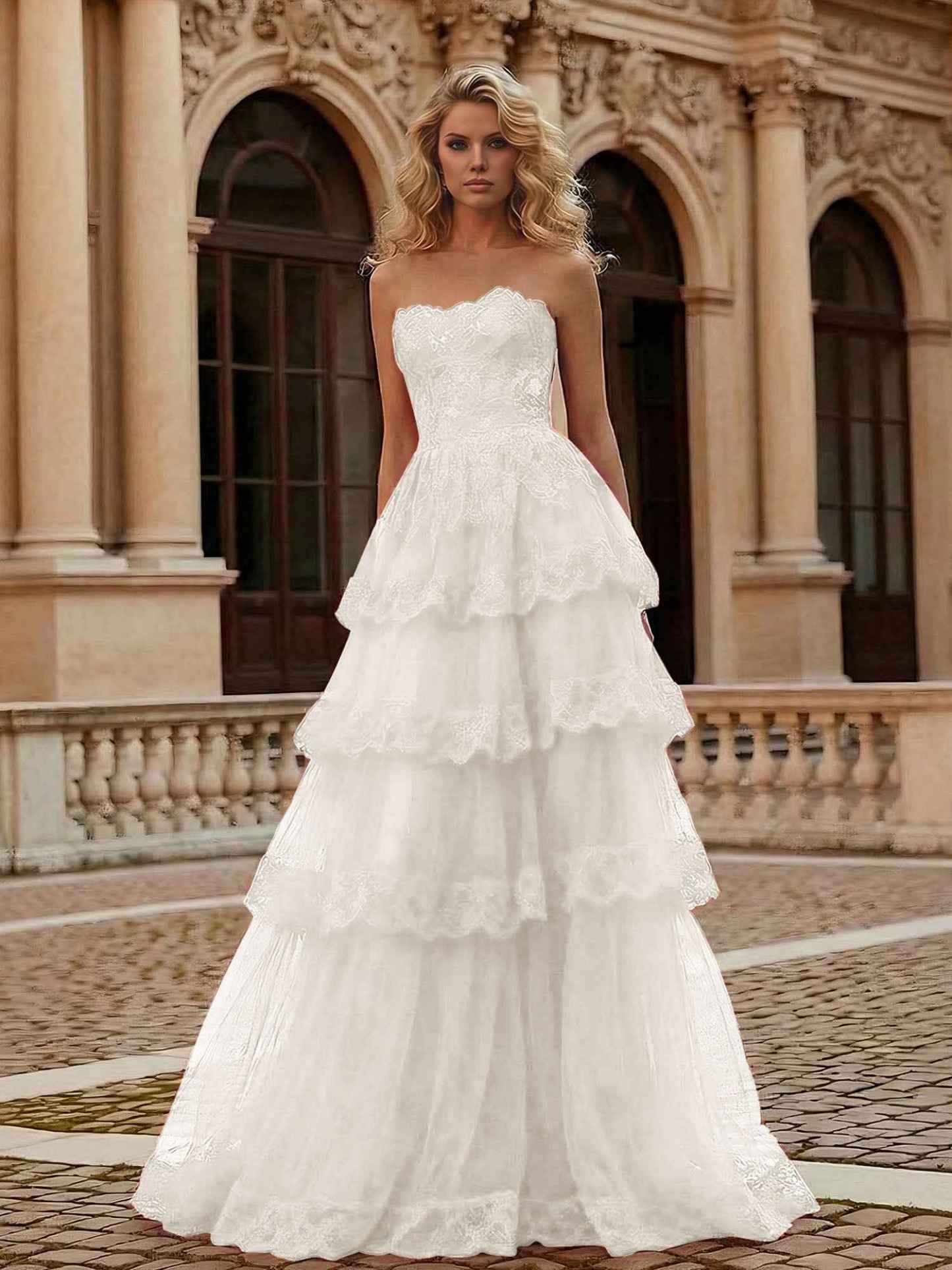 Red Tiered Tulle Strapless Lace Bodice A-Line Long Prom Dress