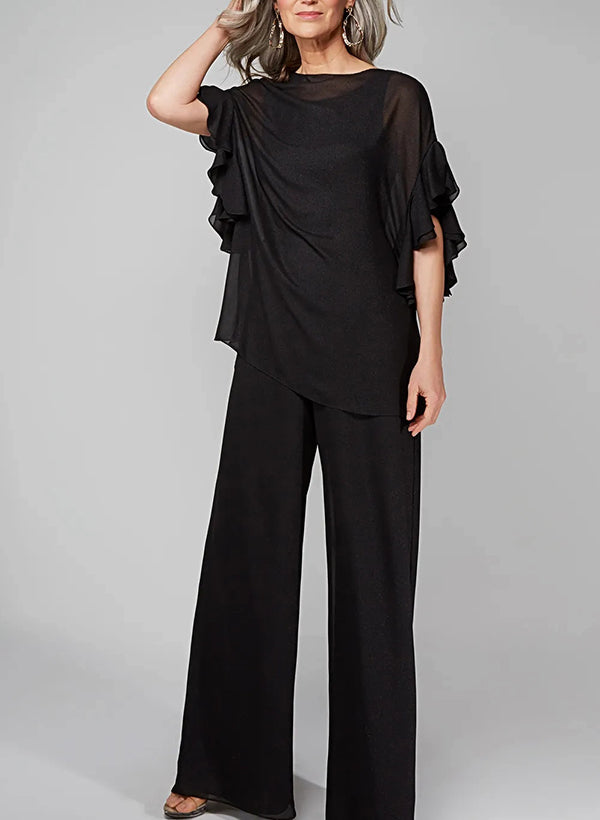 Chiffon Mother of the Bride Pantsuits with Scoop Neck and Half Sleeves-BMbridal