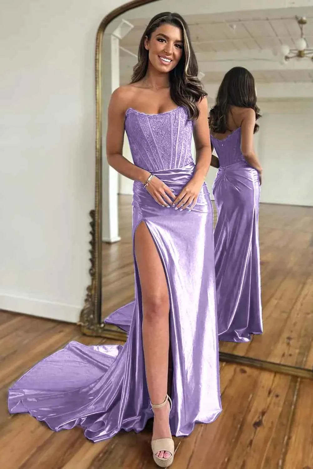 Fuchsia Strapless Corset Mermaid Long Satin Prom Dress with Slit