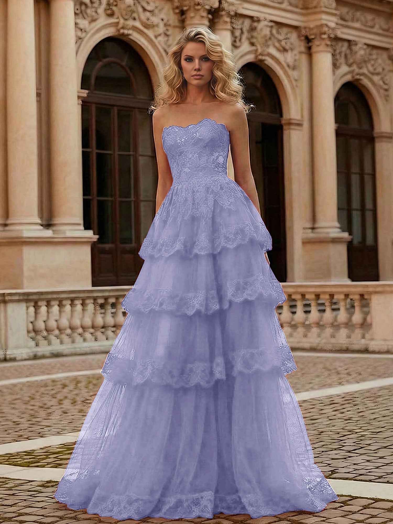 Red Tiered Tulle Strapless Lace Bodice A-Line Long Prom Dress