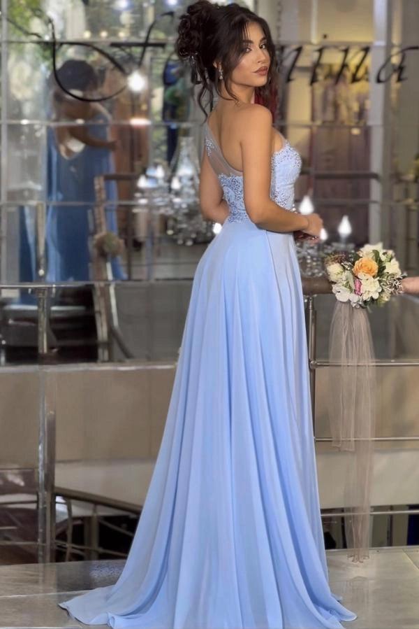 Lavender A-Line Prom Dress One Shoulder Illusion Sweetheart Lace Beaded Corset Chiffon High Slit Formal Evening Gown with Sweep Train