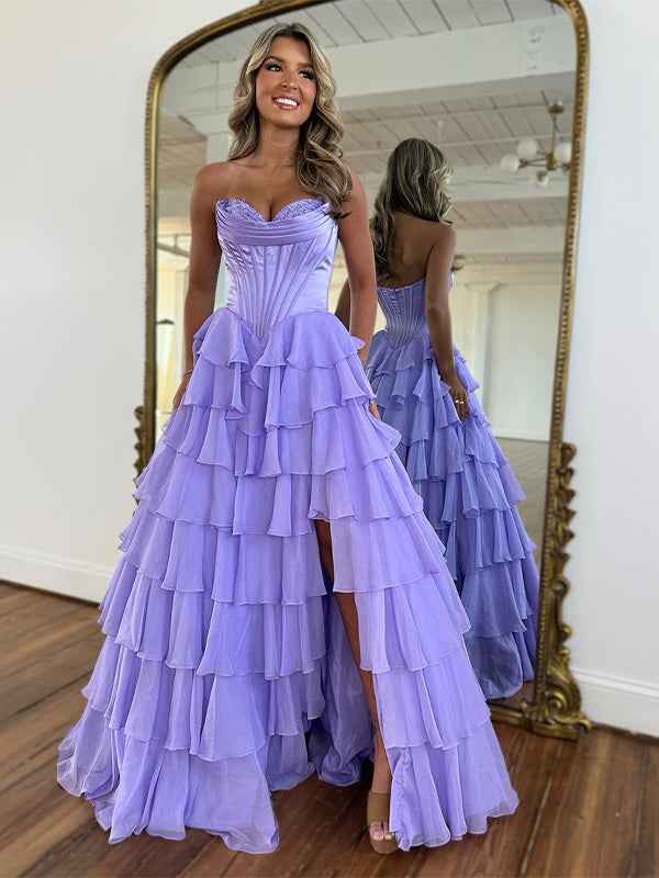 Yellow A Line Strapless Satin Corset Long Prom Dress with Ruffle Skirt