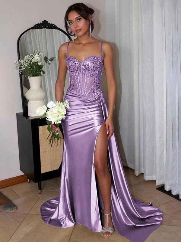 Green Mermaid Spaghetti Straps Bodice Long Prom Dress with Beads