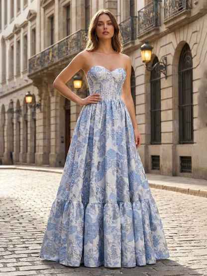 Lavender Floral Brocade Strapless Corset A-Line Prom Dress