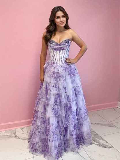 Lavender Floral Strapless Ruffled Tiered Corset Long Prom Dress