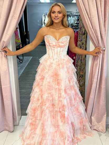 Lavender Floral Strapless Ruffled Tiered Corset Long Prom Dress