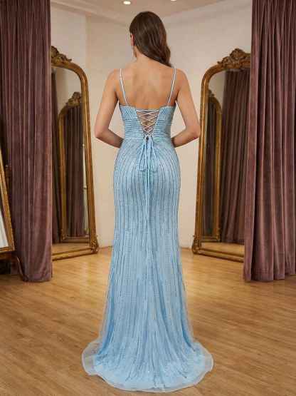 Lavender Mermaid / Trumpet Linear Beaded Plunging V-Neck Mermaid Prom Dress