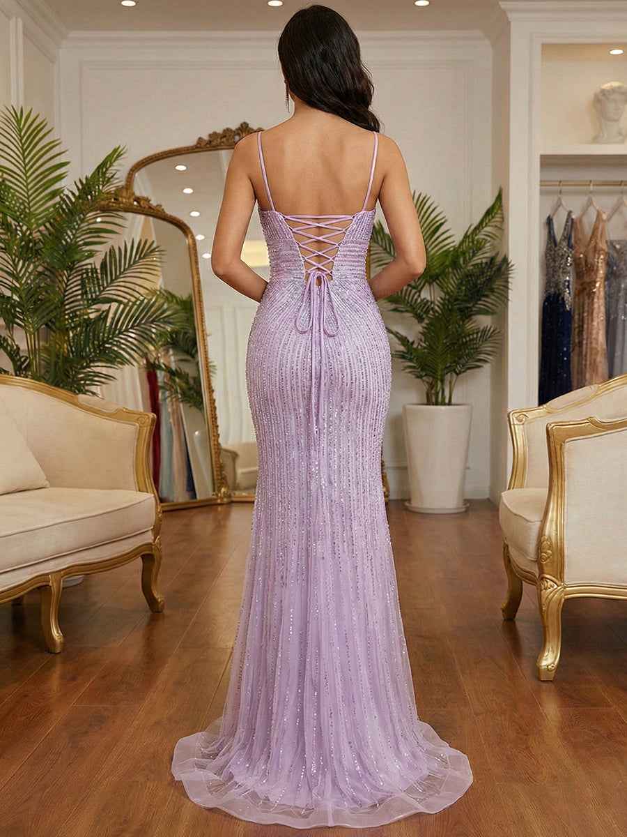 Lavender Mermaid / Trumpet Linear Beaded Plunging V-Neck Mermaid Prom Dress