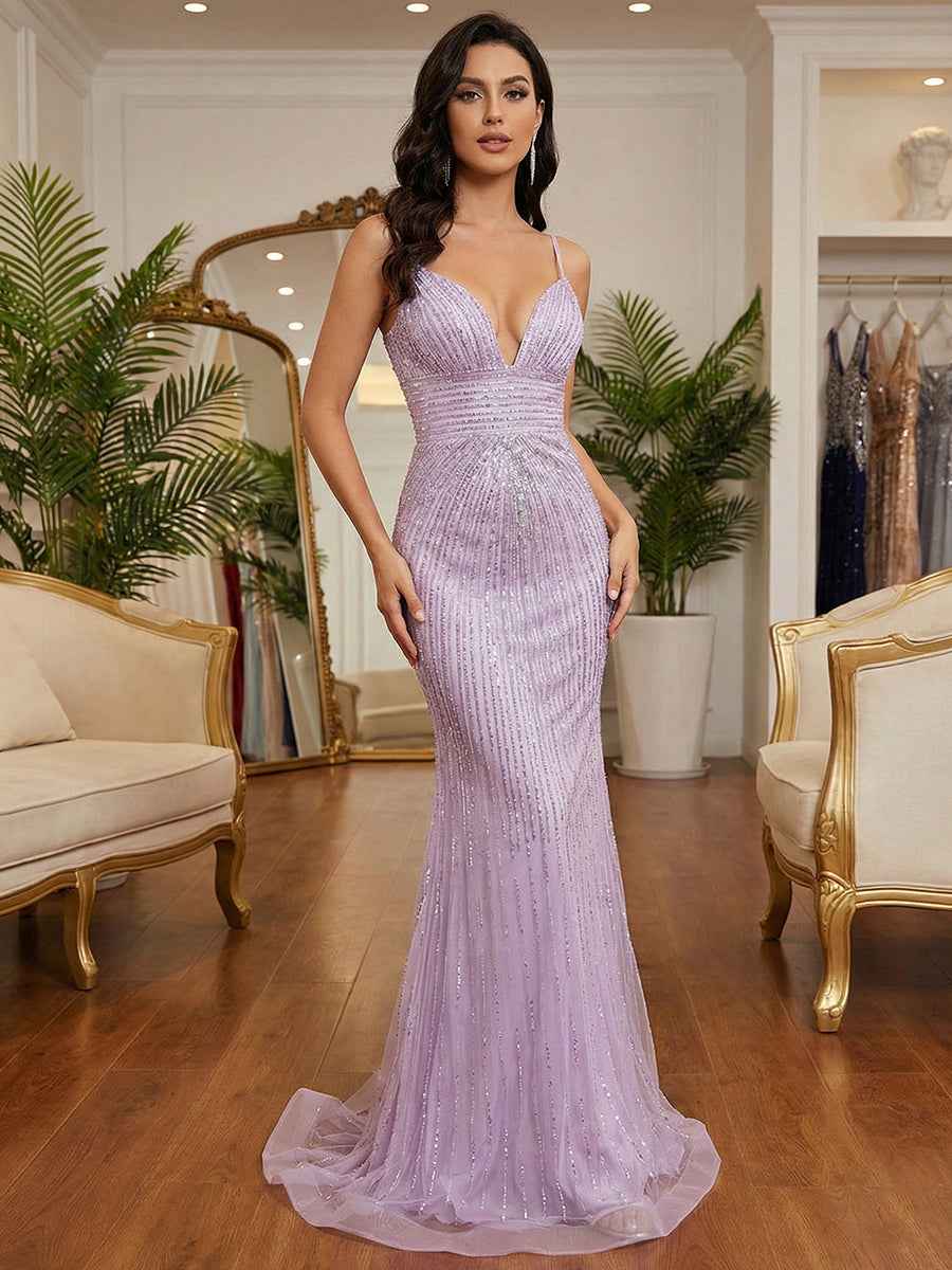 Lavender Mermaid / Trumpet Linear Beaded Plunging V-Neck Mermaid Prom Dress