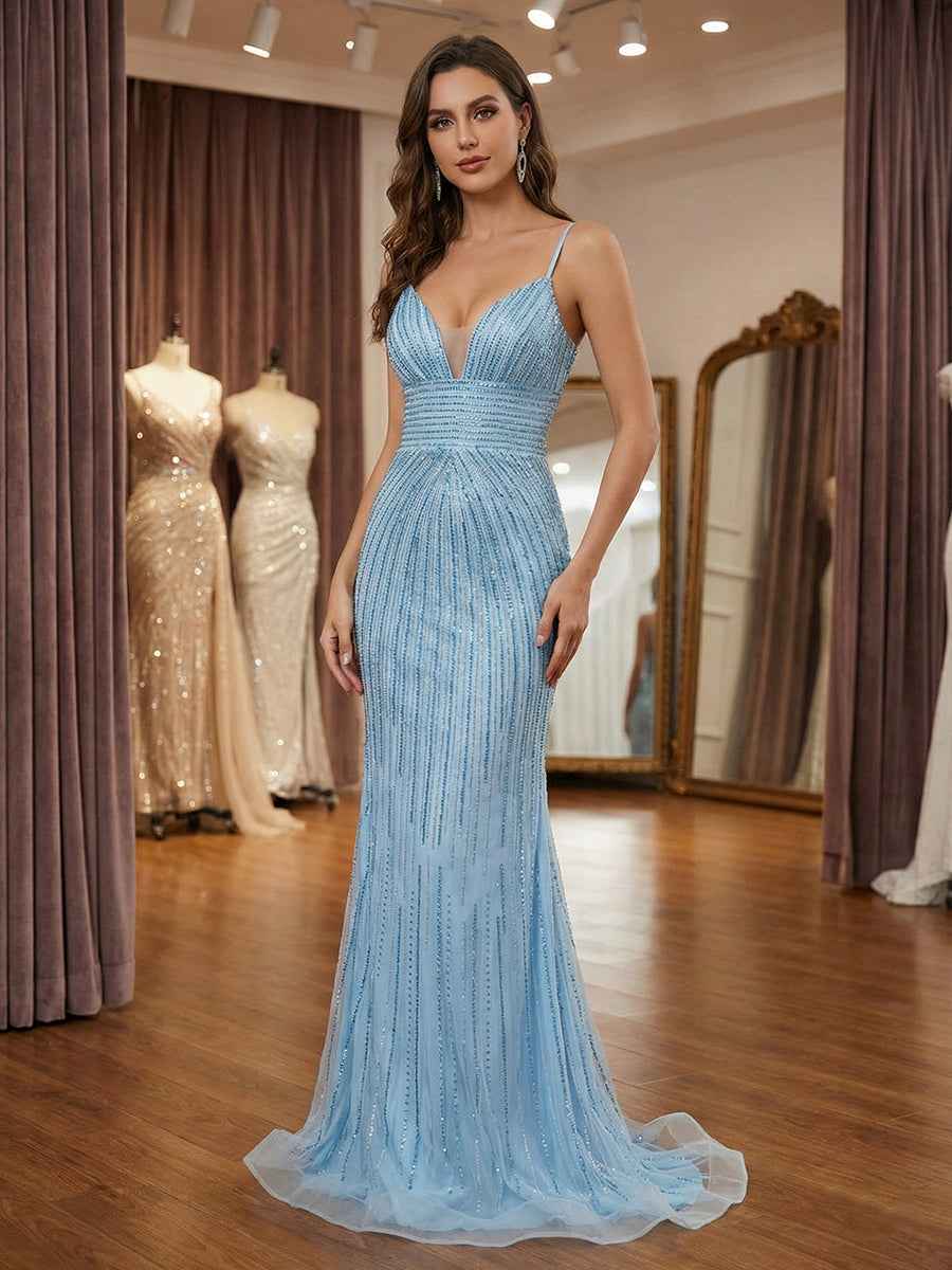 Lavender Mermaid / Trumpet Linear Beaded Plunging V-Neck Mermaid Prom Dress