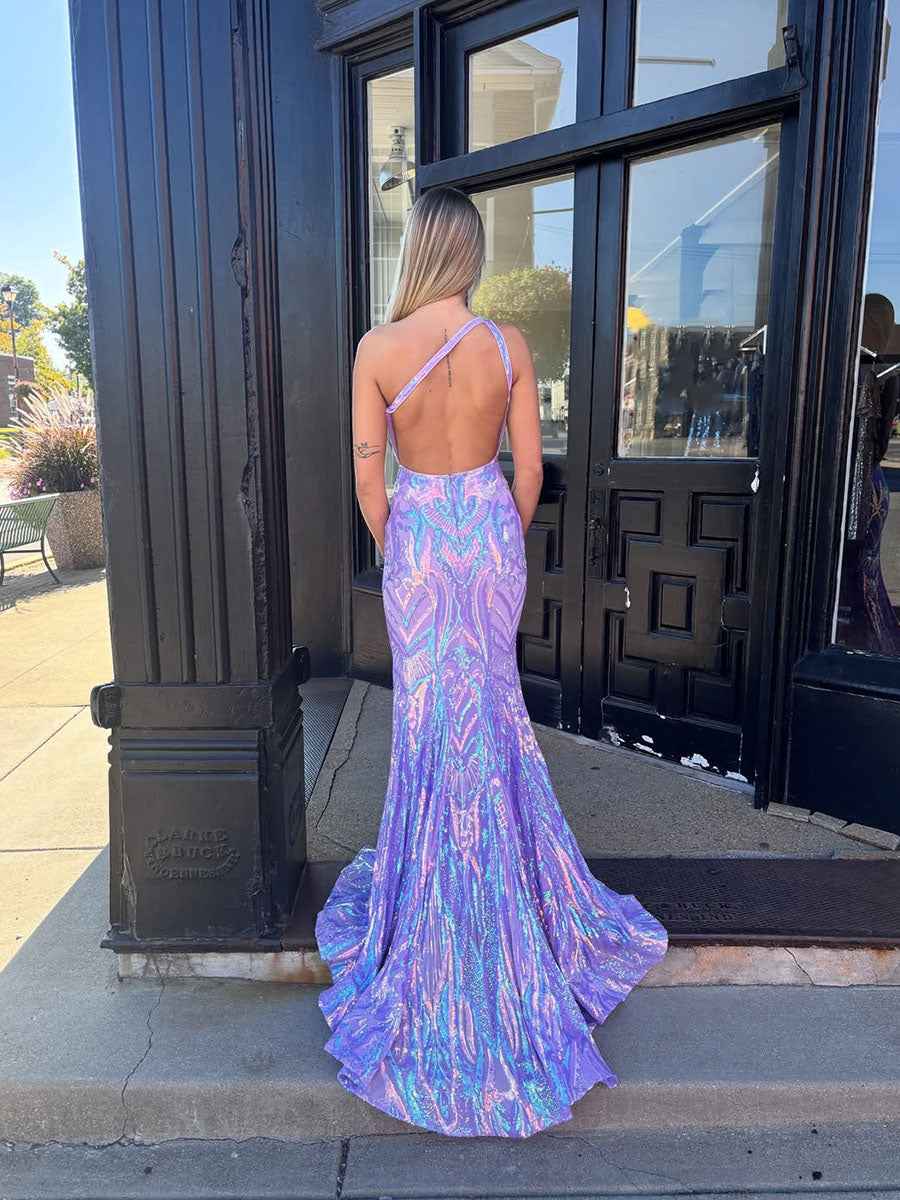 Lavender One-Shoulder Iridescent Sequin Mermaid Prom Dress