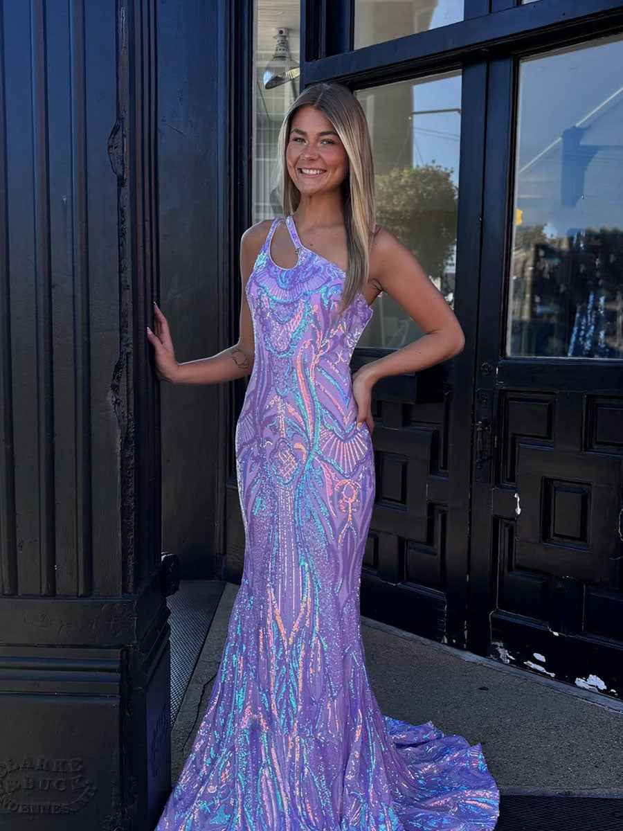 Lavender One-Shoulder Iridescent Sequin Mermaid Prom Dress