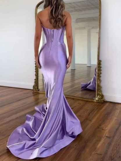 Lavender Satin Strapless Cowl Neckline Corset Prom Dress with Basque Waist