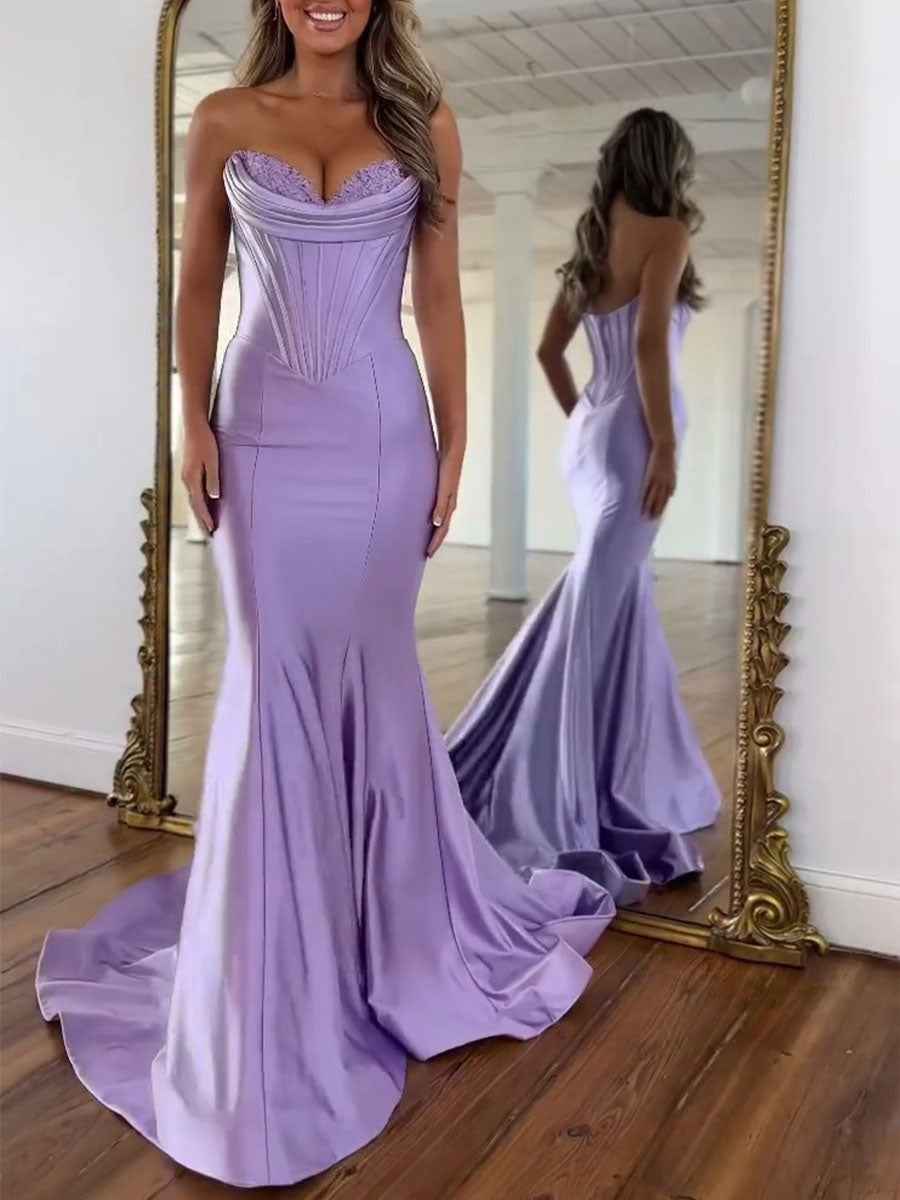 Lavender Satin Strapless Cowl Neckline Corset Prom Dress with Basque Waist
