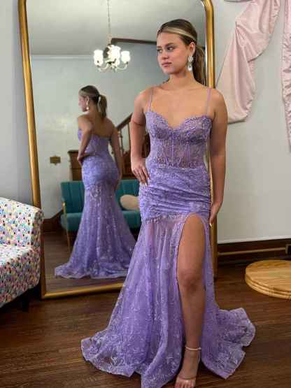 Lavender Sheer Lace Corset Long Prom Dress with High Slit