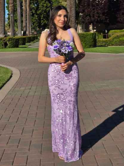Lavender Square Neckline Floral Sequin Column Prom Dress with Wide Straps