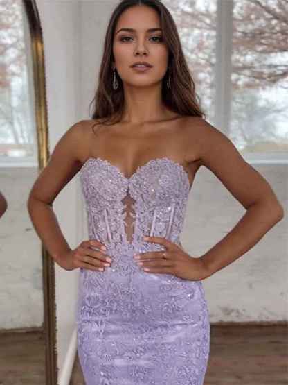 Lavender Strapless Lace Corset Bodice Mermaid Long Prom Dress