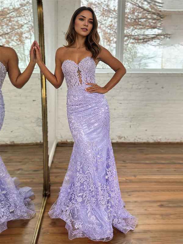 Lavender Strapless Lace Corset Bodice Mermaid Long Prom Dress