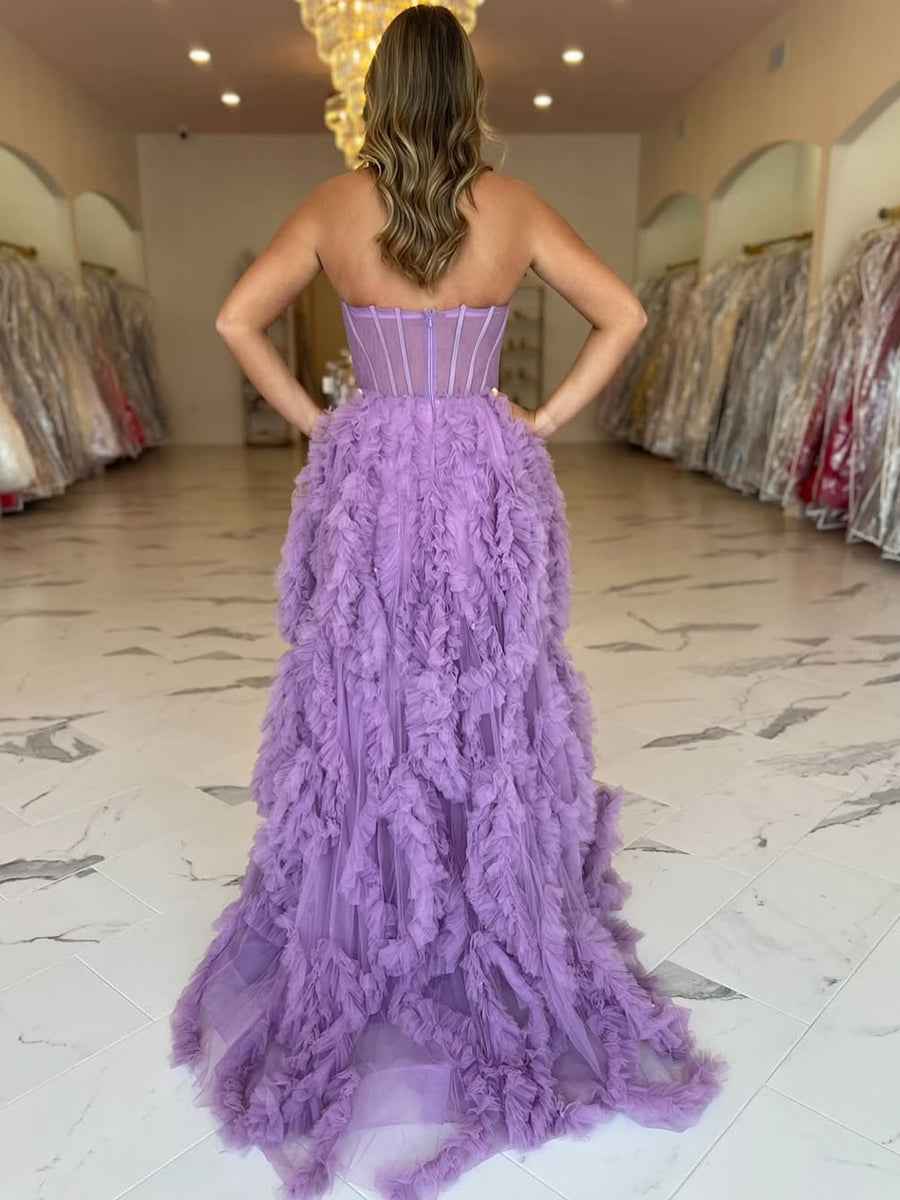 Lavender Strapless Tulle Ruffled Corset Prom Dress with Slit