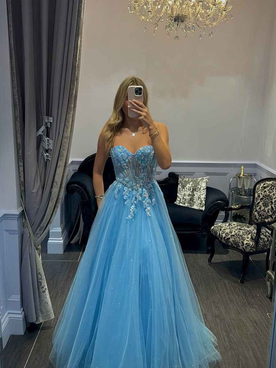 Lavender Sweetheart Corset Tulle Prom Dress with 3D Floral Applique|s