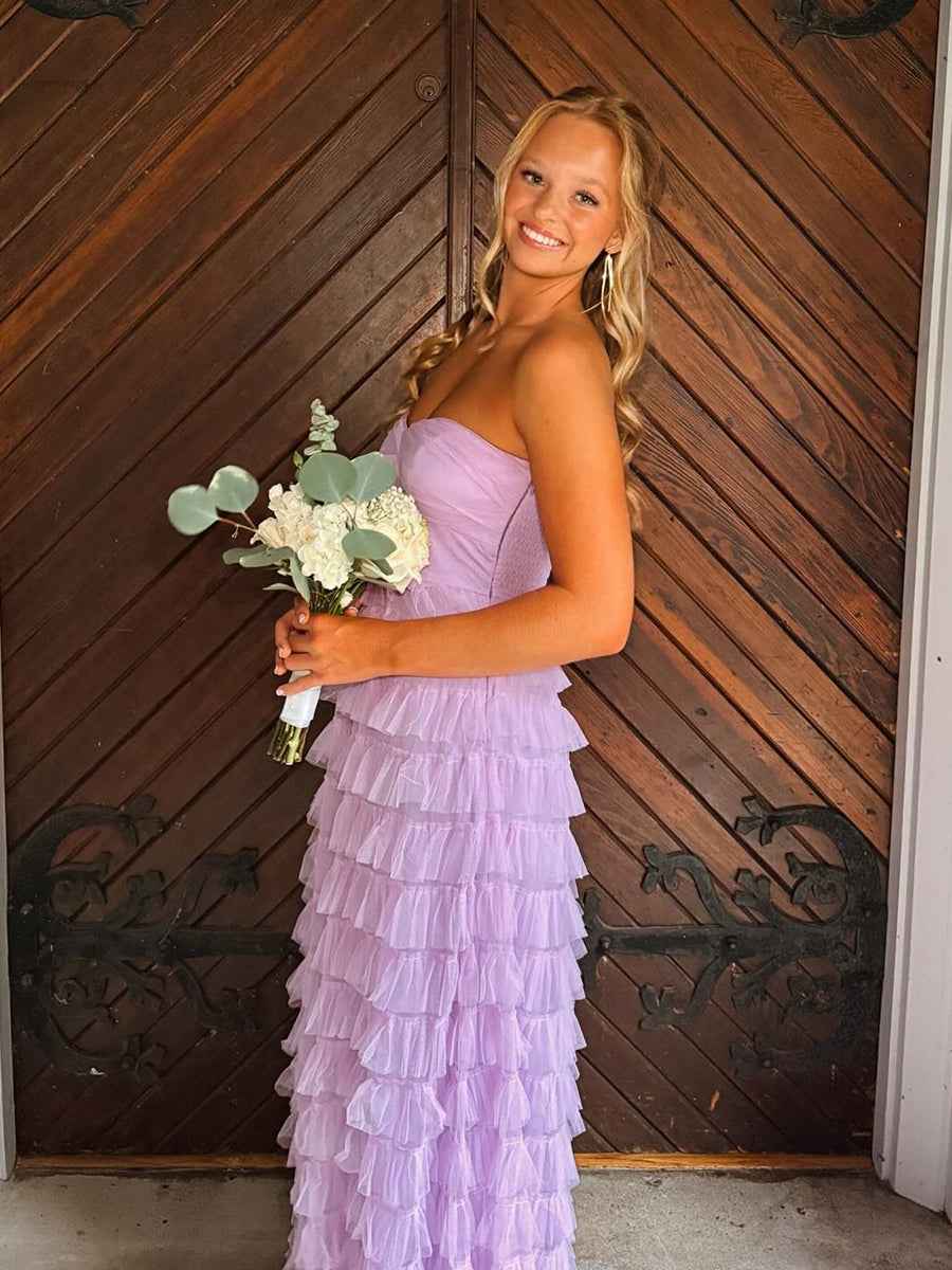 Lavender Sweetheart Tiered Ruffled Tulle Long Prom Dress