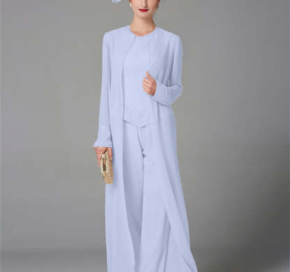 Long-Sleeve Chiffon Mother of the Bride Pantsuit with Jacket and Sequins-BMbridal