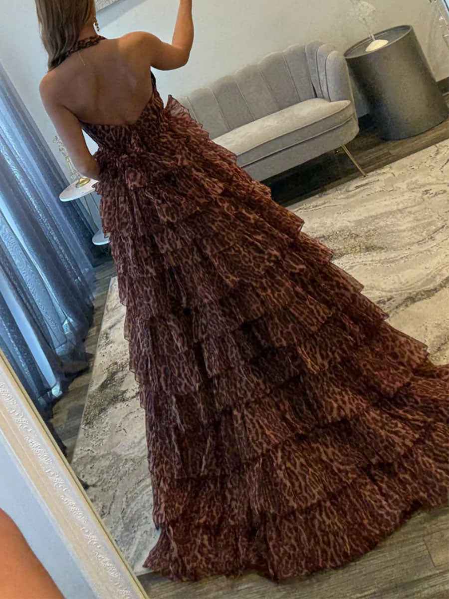 Leopard Print Tiered Ruffle Halter Long Prom Dress