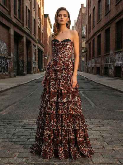 Leopard Print Strapless A-Line Tiered Ruffles Prom Dress with Lace Trim