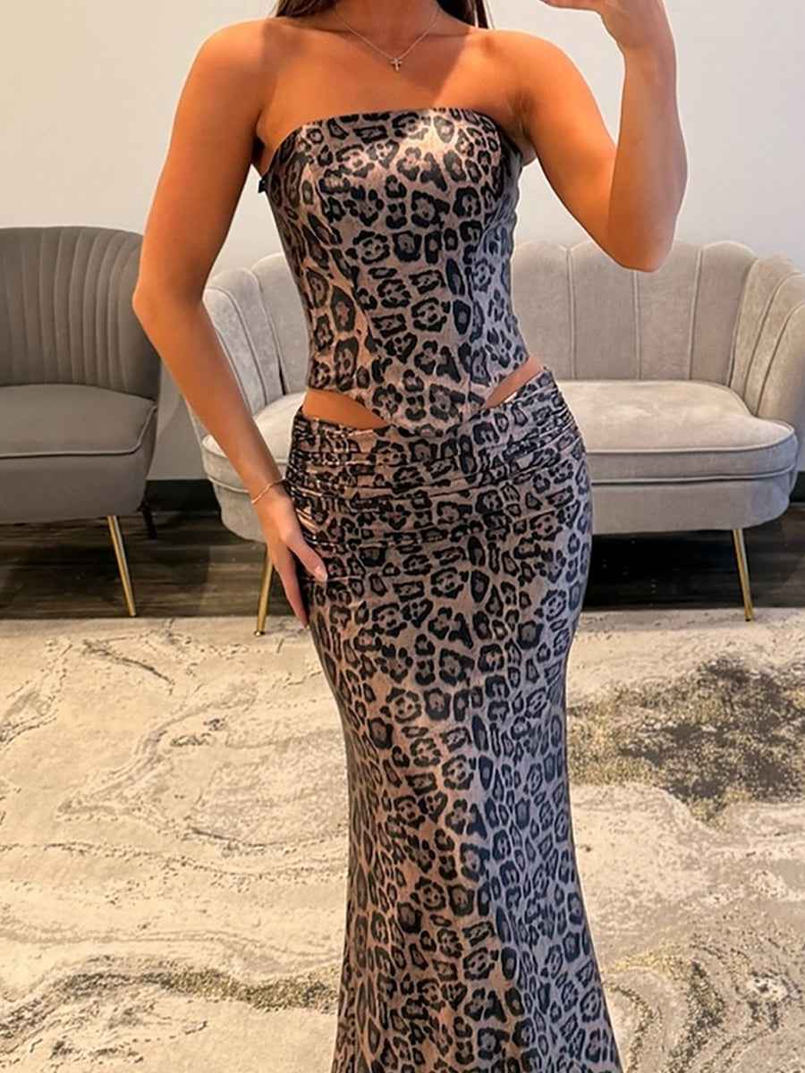 Leopard Print Strapless Corset Two-Piece Long Prom Dress