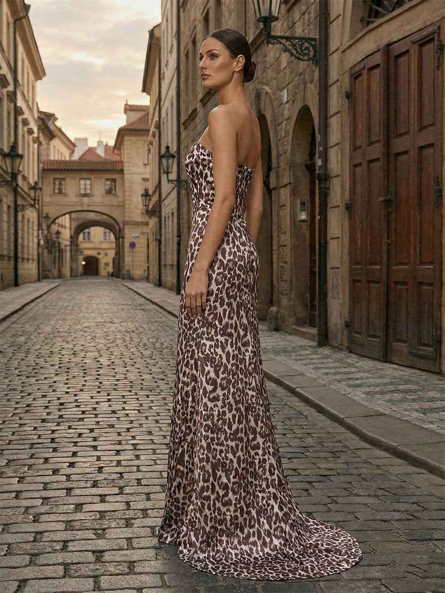 Leopard Print Strapless Sequin Bust Column Prom Dress with High Slit