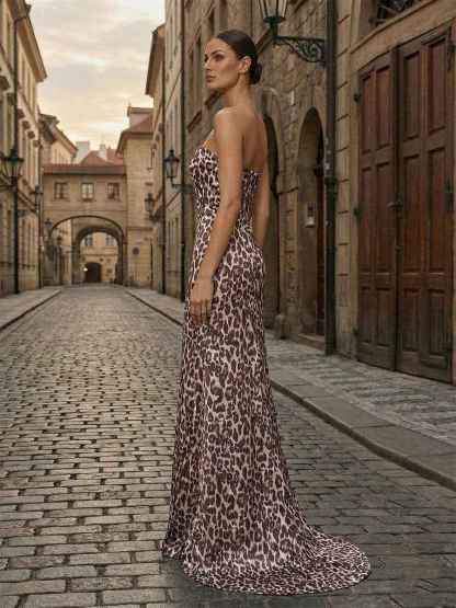Leopard Print Strapless Sequin Bust Column Prom Dress with High Slit