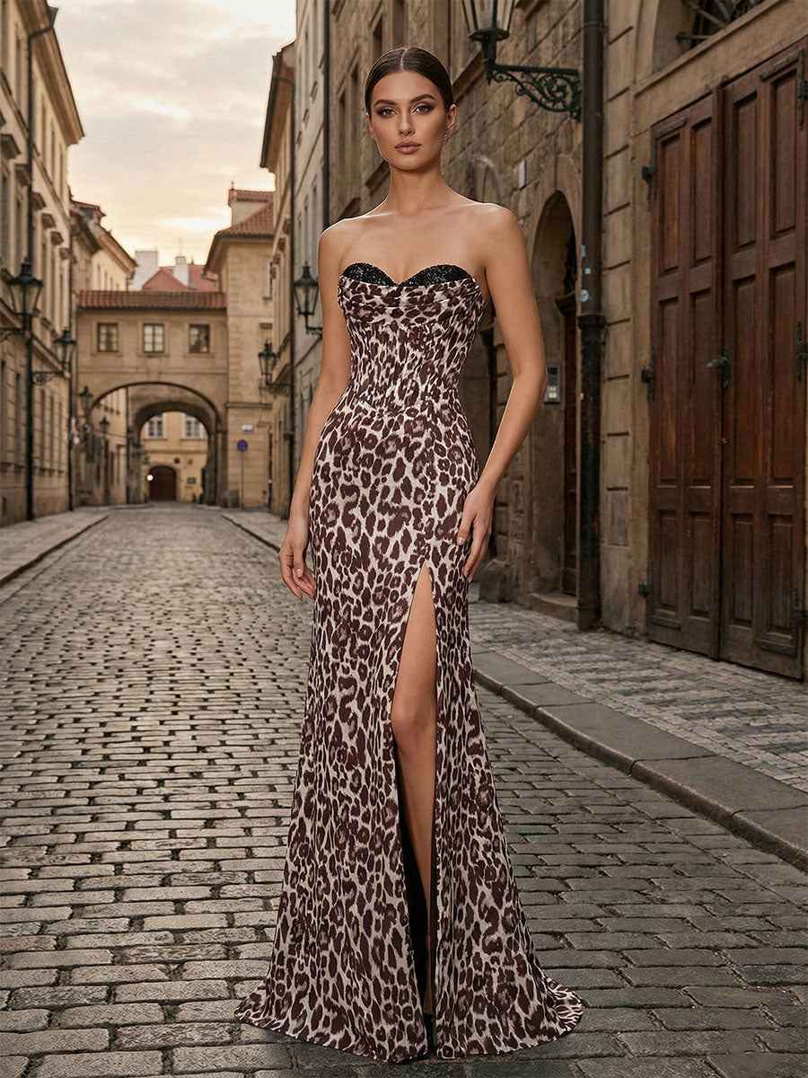 Leopard Print Strapless Sequin Bust Column Prom Dress with High Slit