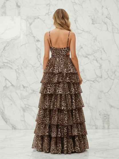 Leopard Print Tiered Ruffle A-Line Prom Dress with Cutouts
