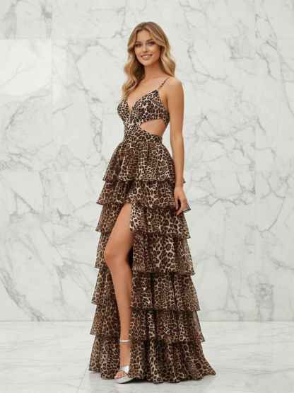 Leopard Print Tiered Ruffle A-Line Prom Dress with Cutouts