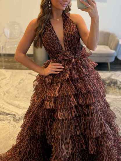 Leopard Print Tiered Ruffle Halter Long Prom Dress