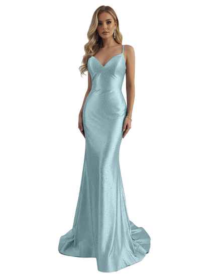 Blue Mermaid Spaghetti Straps V-Neck Rhinestone Long Prom Dress