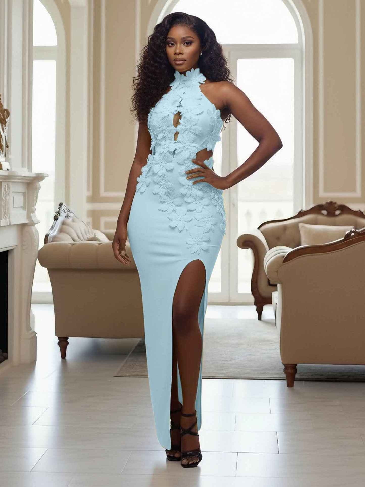 Yellow Halter Neck 3D Flower Mermaid Long Prom Dress with Slit