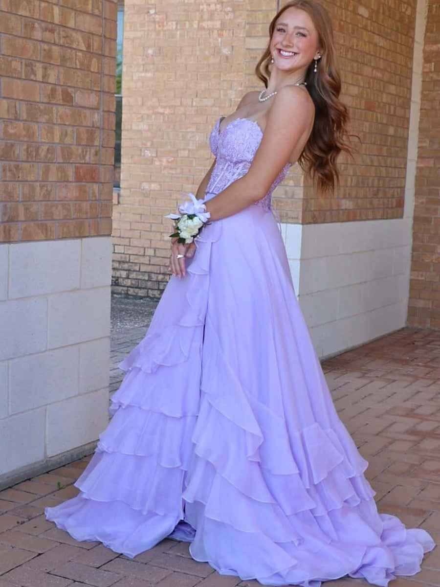 Light Blue A Line Strapless Appliques Corset Prom Dress with Ruffle Skirt