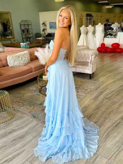 Light Blue A Line Strapless Appliques Corset Prom Dress with Ruffle Skirt