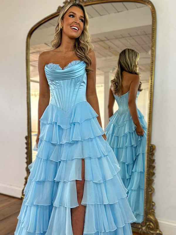 Yellow A Line Strapless Satin Corset Long Prom Dress with Ruffle Skirt