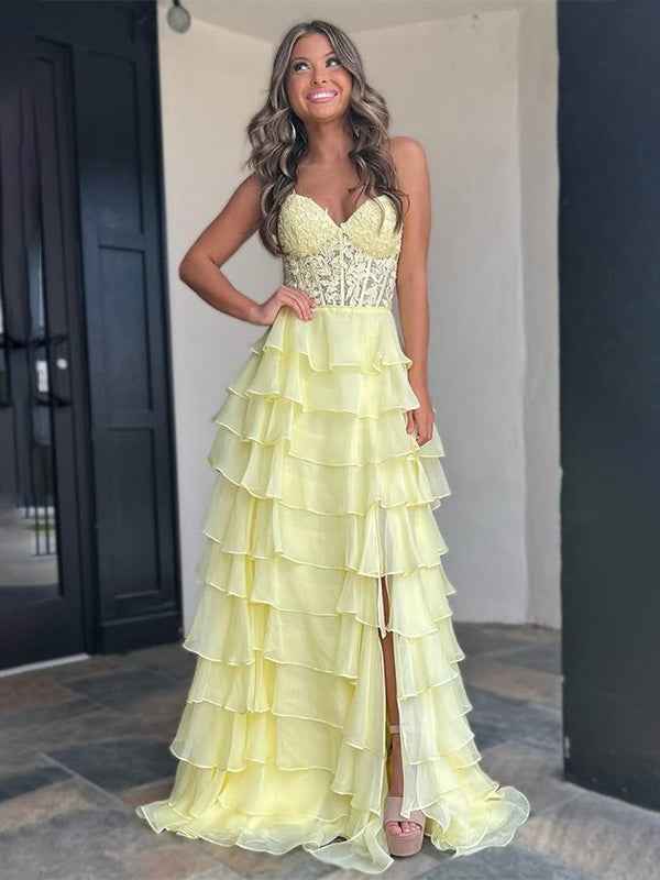 Light Blue A-Line Sweetheart Long Tiered Prom Dress with Slit