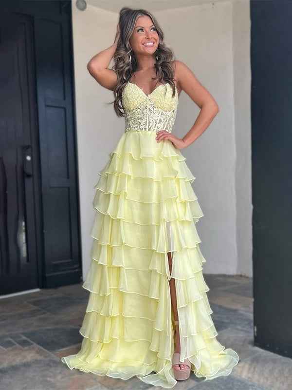 Light Blue A-Line Sweetheart Long Tiered Prom Dress with Slit