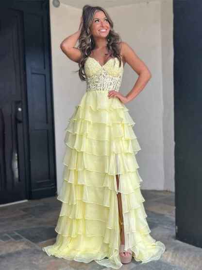 Light Blue A-Line Sweetheart Long Tiered Prom Dress with Slit