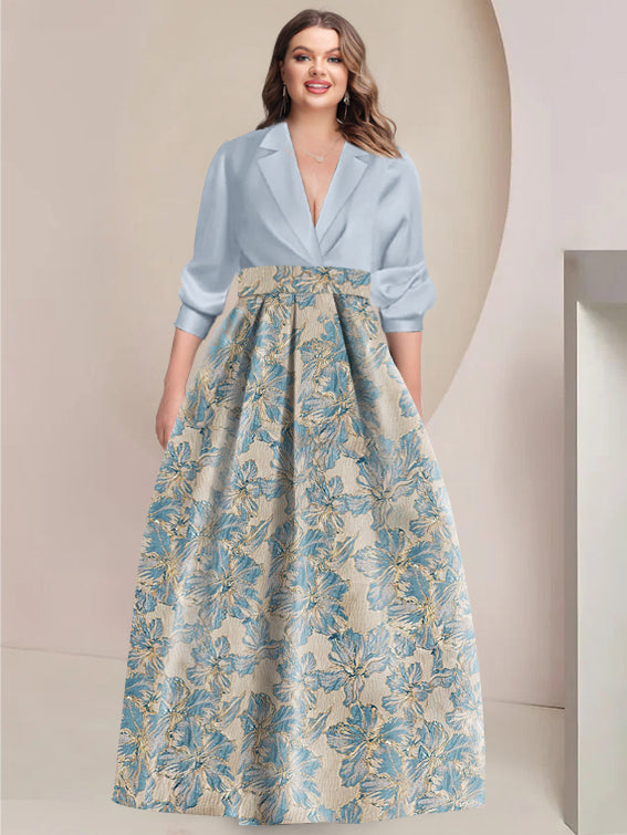 Printed Flower Plus Size A-Line/Princess Shirt Collar Mother of the Bride & Groom Dresses with 3/4 Sleeves