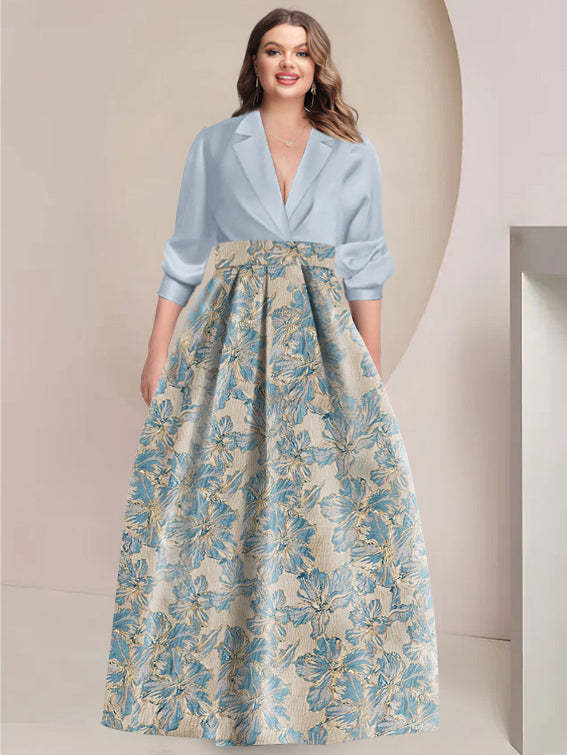 Printed Flower Plus Size A-Line/Princess Shirt Collar Mother of the Bride & Groom Dresses with 3/4 Sleeves