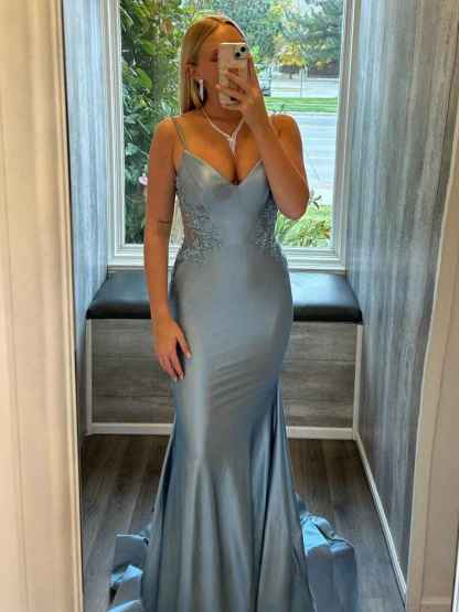 Sage Mermaid Spaghetti Straps Long Prom Dress with Appliques