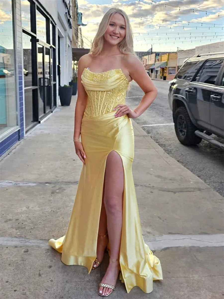 Light Blue Mermaid Strapless Applique Sweep Train Prom Dress with Slit